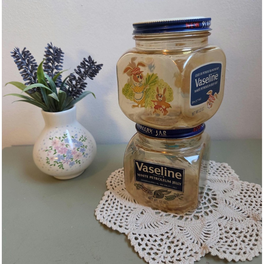 Vintage 1960s Vaseline Nursery Jars Set of 2 Rabbit Bunny Plastic Containers